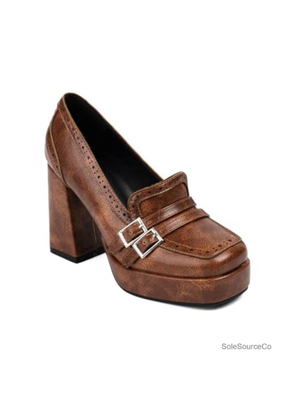 Retro Square Toe Chunky High Heel Brogue Loafers Faux Leather Slip On Platform